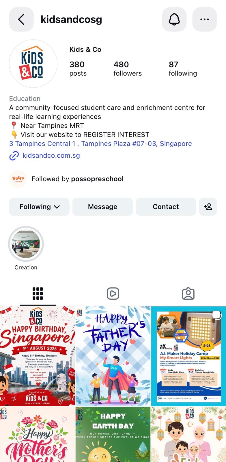 Kids & Co Instagram profile and social content grid