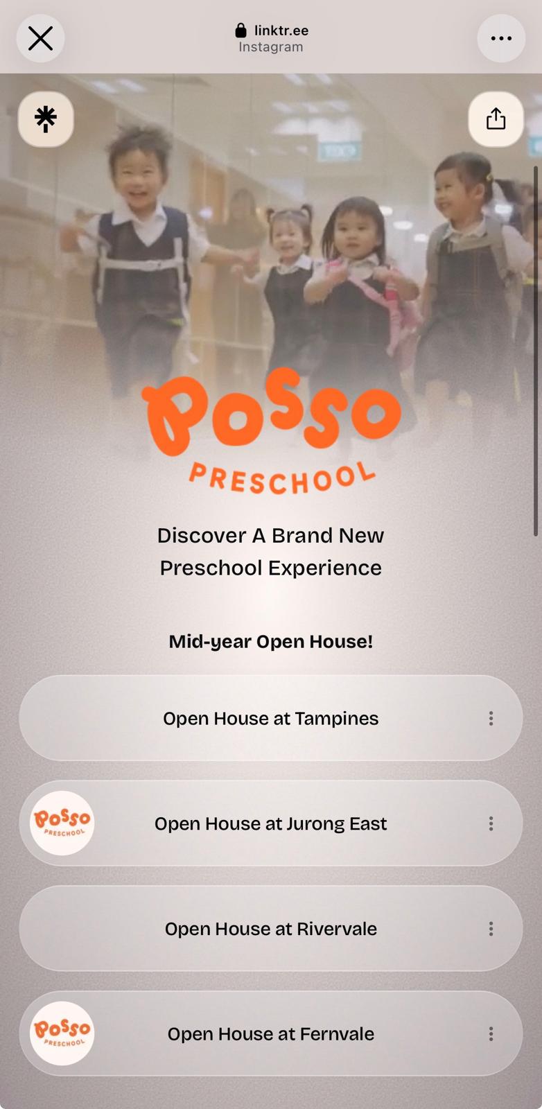 Posso Preschool link page listing open houses by centre