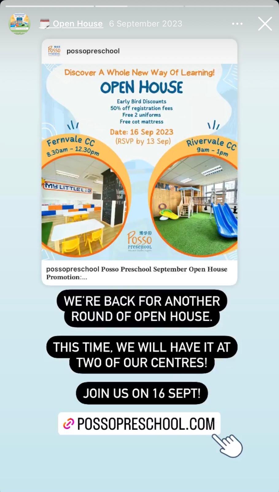 Posso Preschool Instagram Story promoting an open house