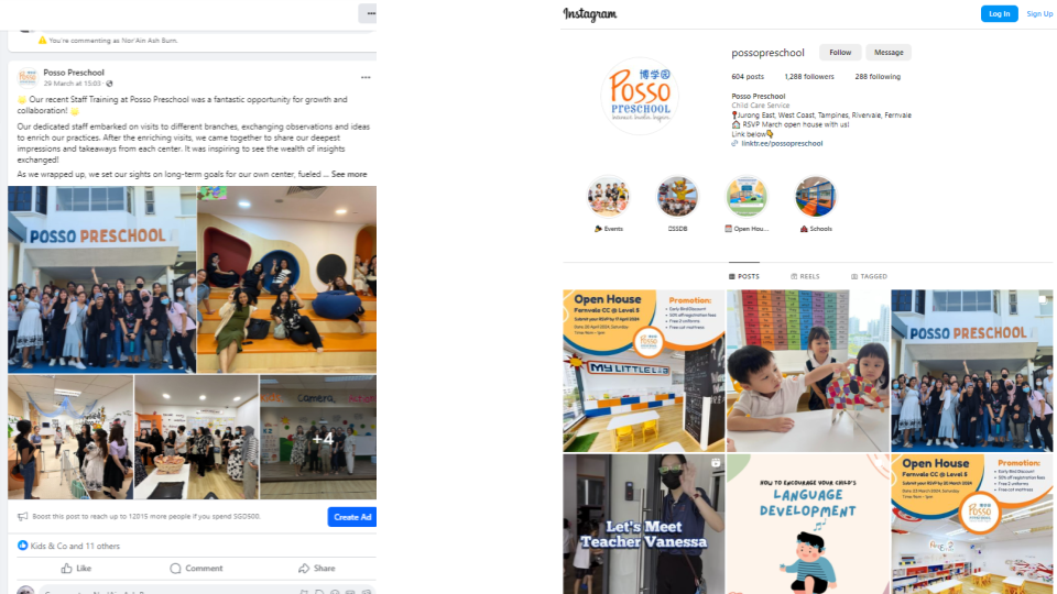 Posso Preschool Facebook and Instagram profile pages