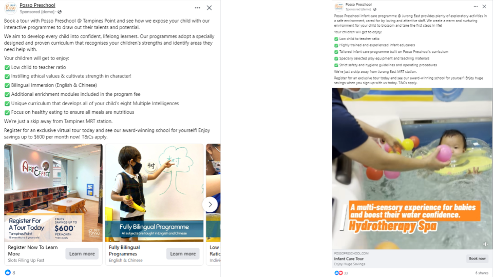 Examples of Posso Preschool carousel and video advertisements on Facebook