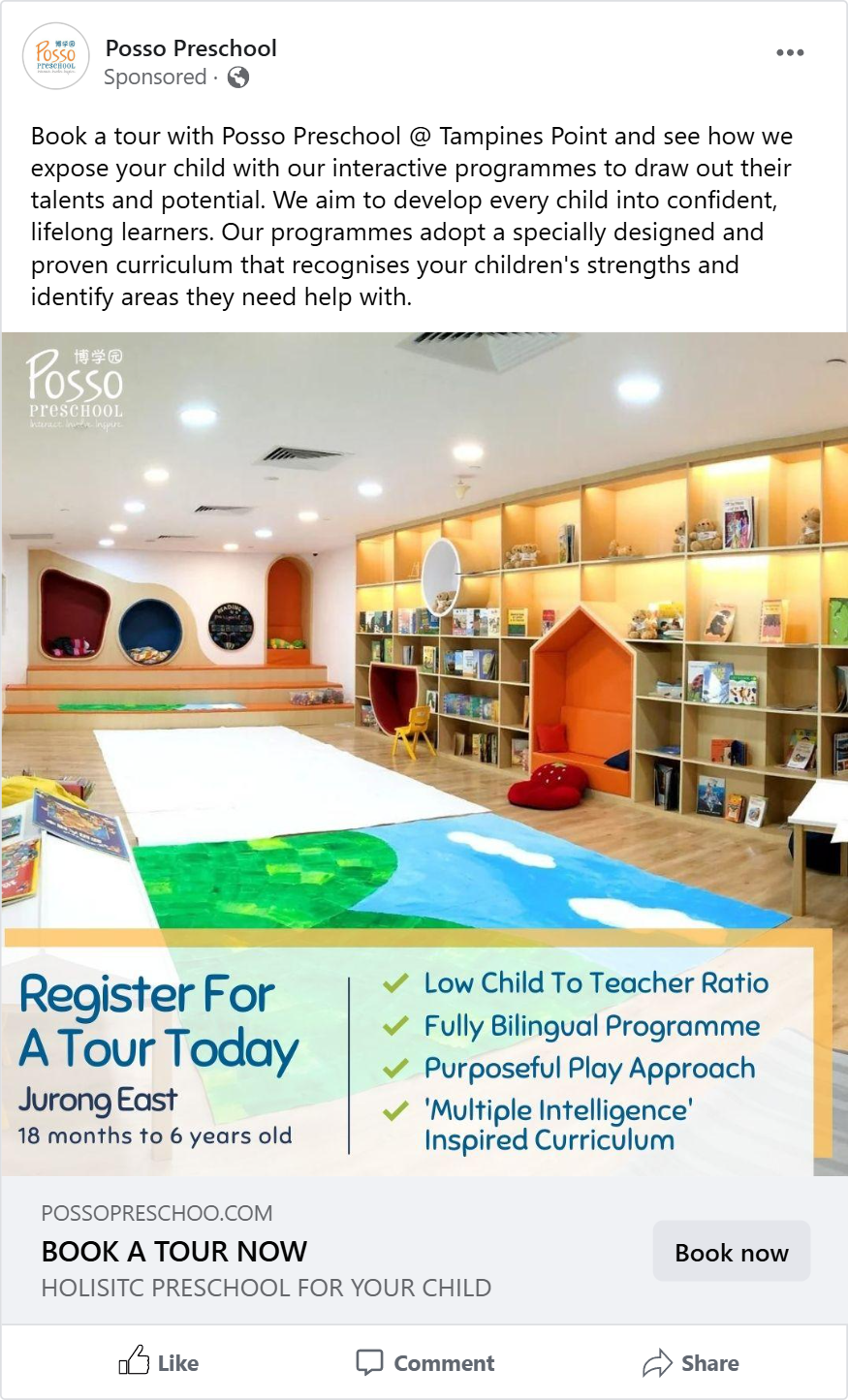 Facebook school-tour advertisement for Posso Preschool Jurong East