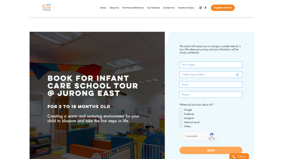 Posso Preschool infant-care school-tour landing page and enquiry form