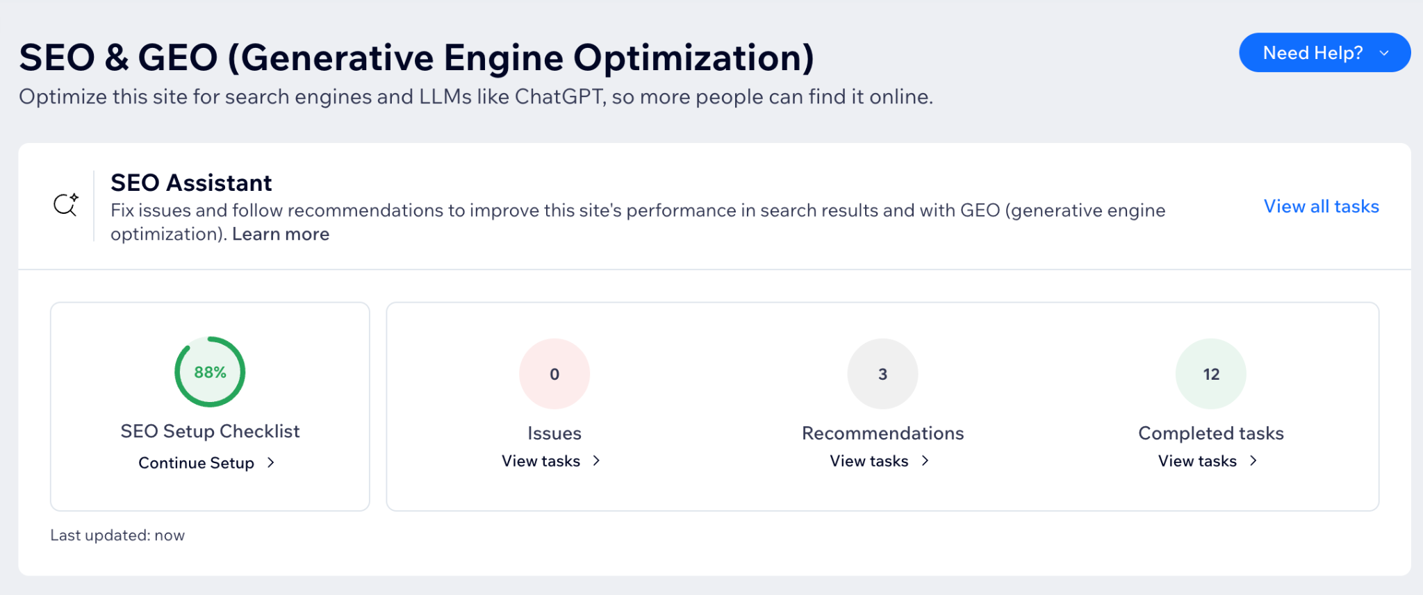 Wix SEO and generative engine optimization dashboard