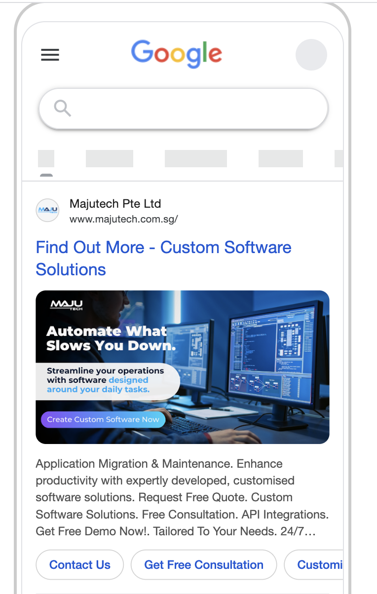 Mobile Google search advertisement preview for MajuTech customised software