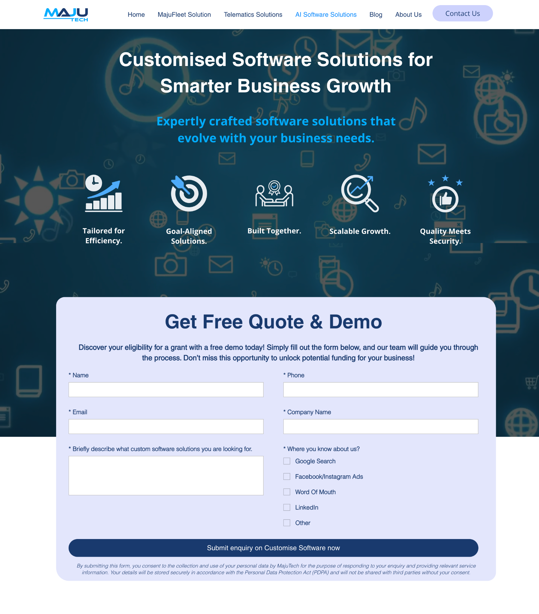 MajuTech customised software landing page and enquiry form