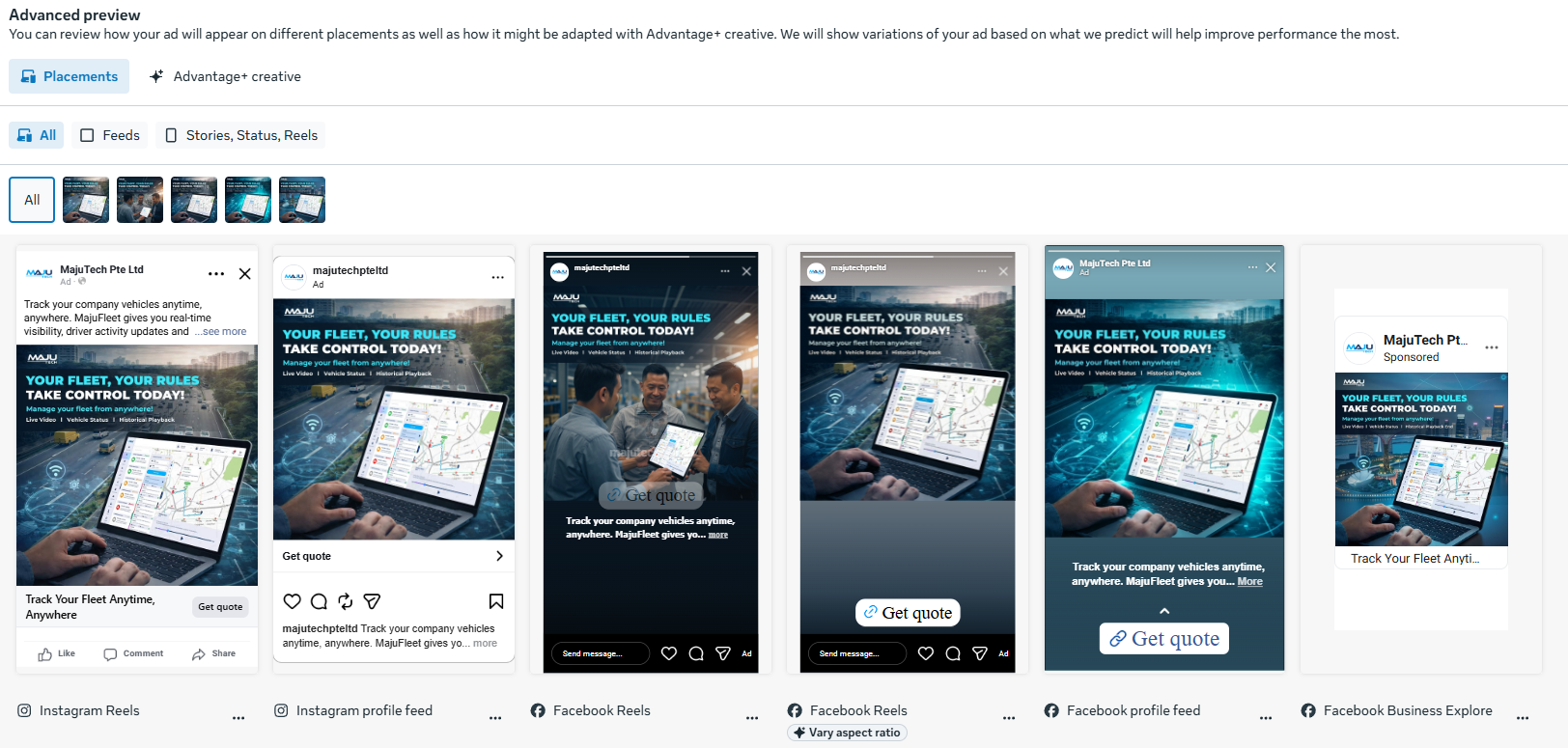 MajuTech Meta advertisement previews across multiple placements