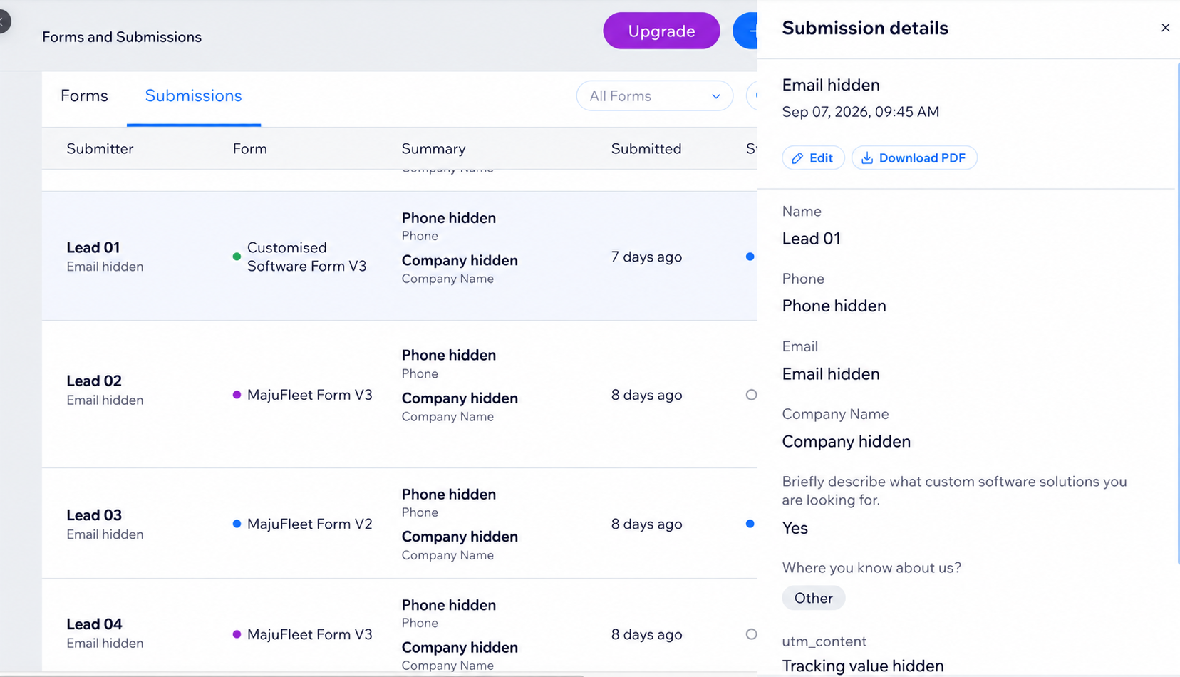 Anonymized Wix form submissions dashboard for MajuTech