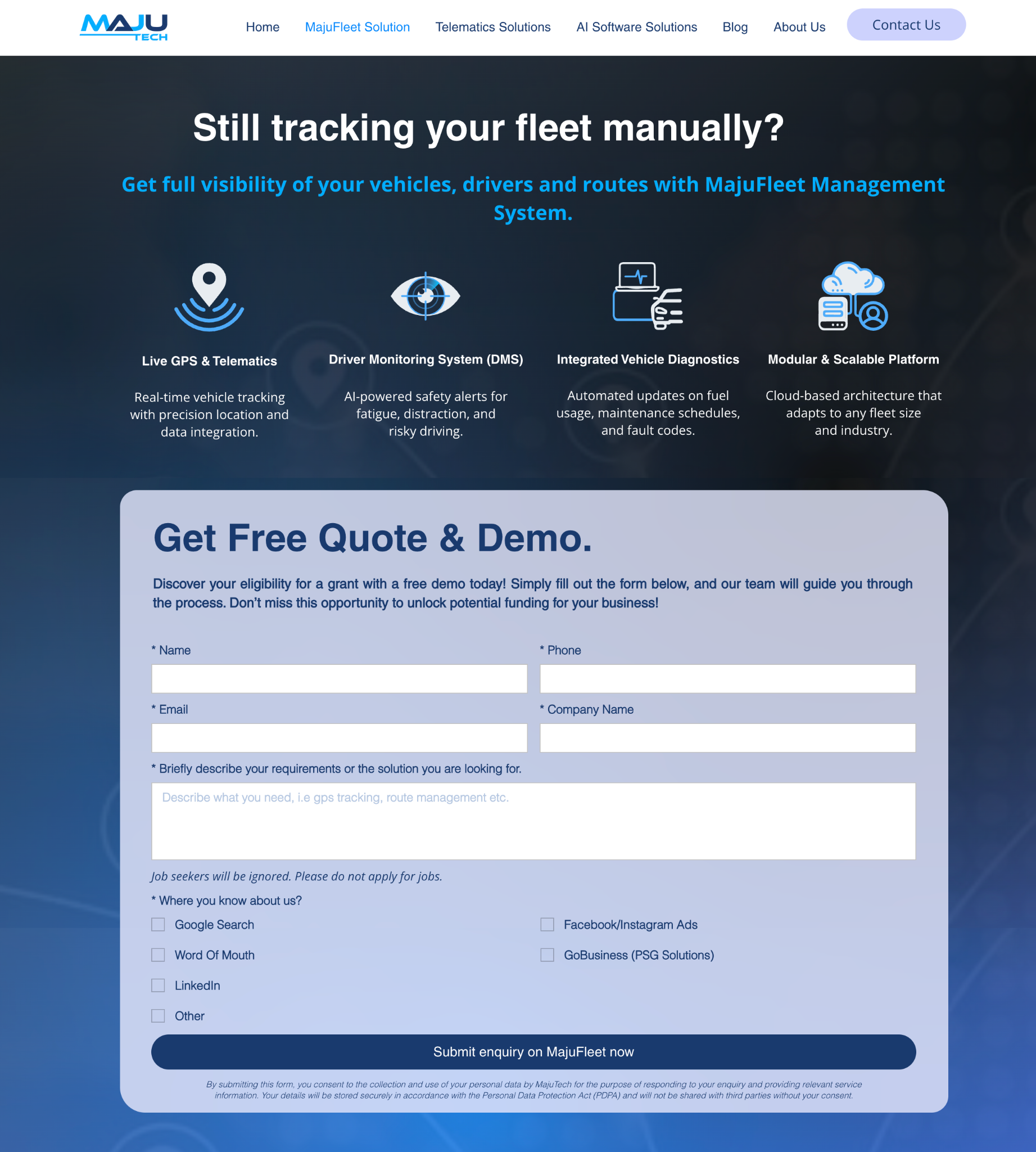MajuTech MajuFleet landing page and quote request form