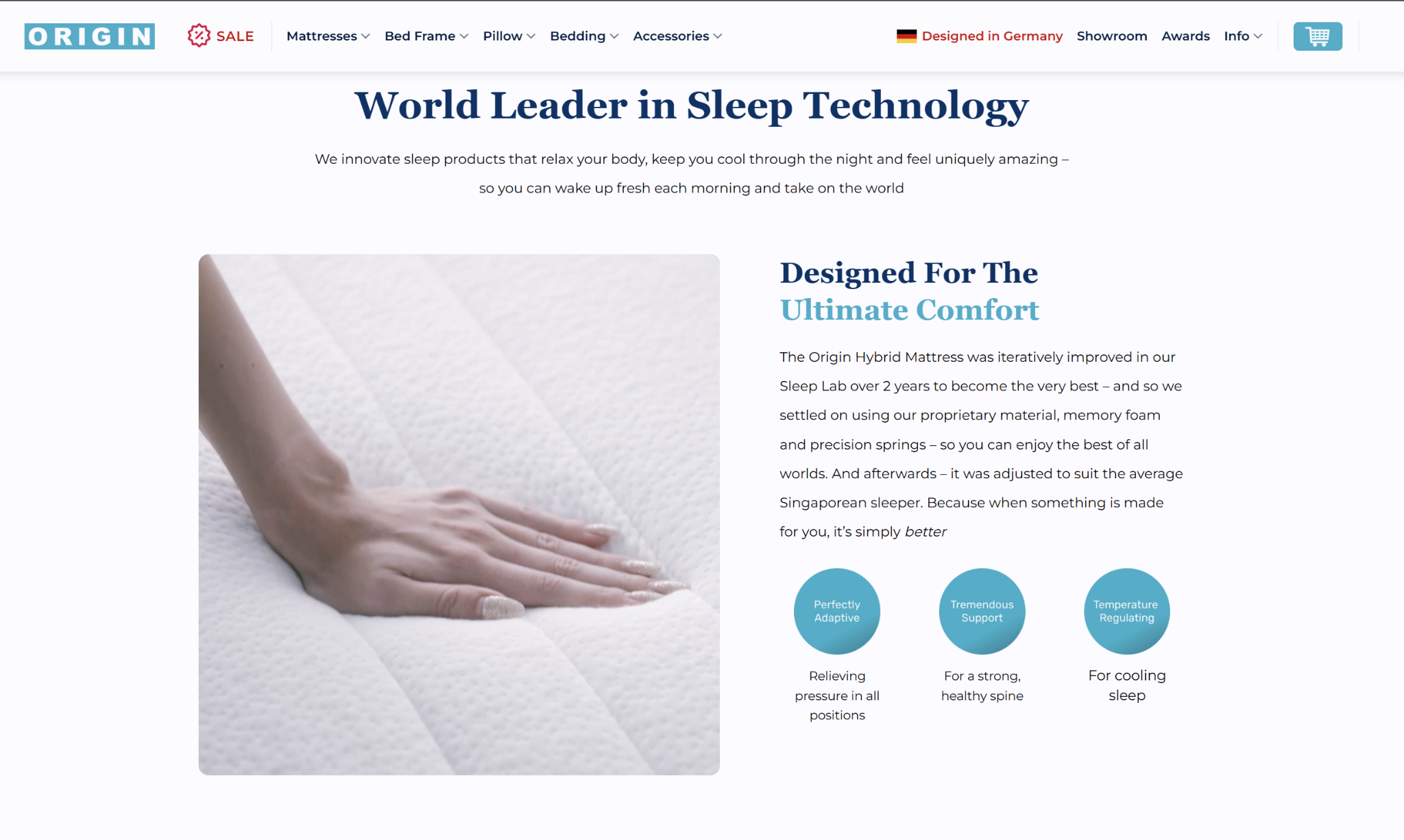 Origin Sleep mattress product information page
