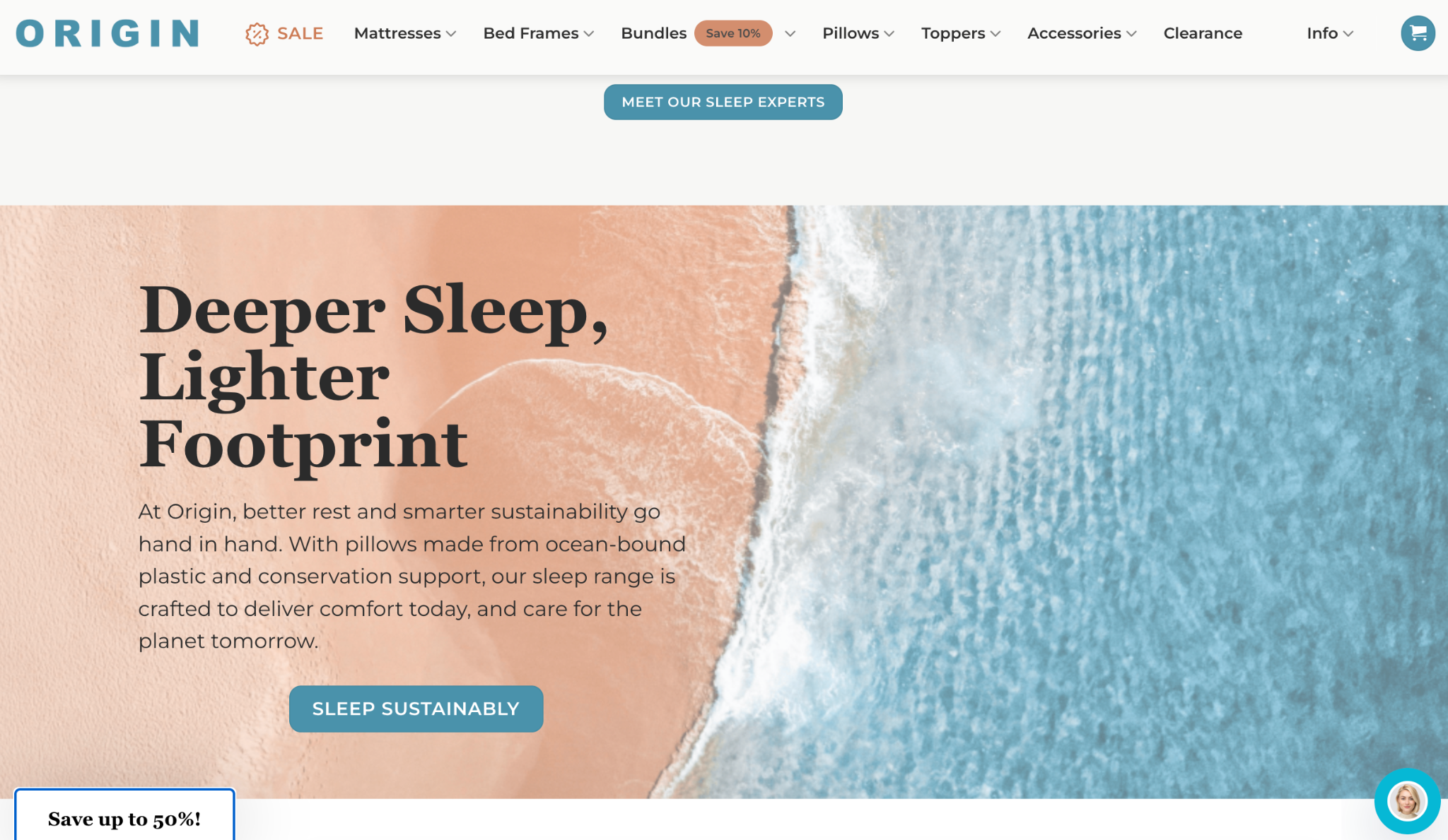 Origin Sleep sustainability website page